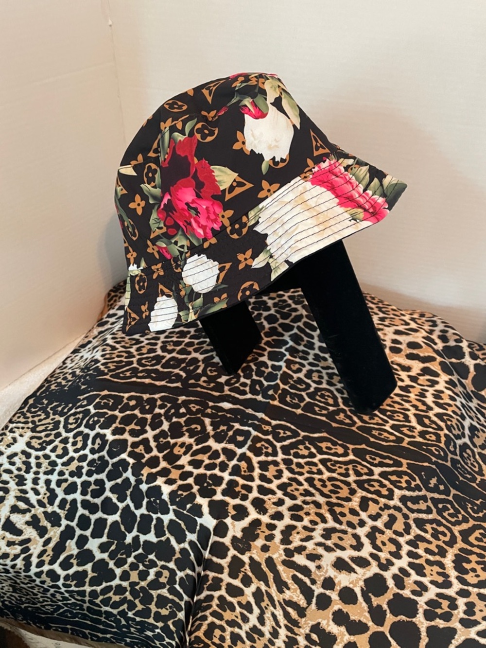Black Floral Bucket Hat with Pink & White Blooms - Picture 2 of 7